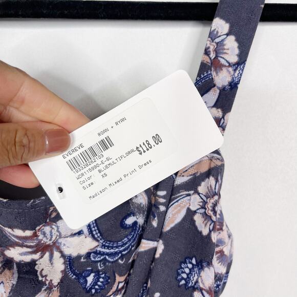 New Evereve Roan + Ryan XS Blue Madison Mixed Print Midi Dress Square Neck - Picture 11 of 14